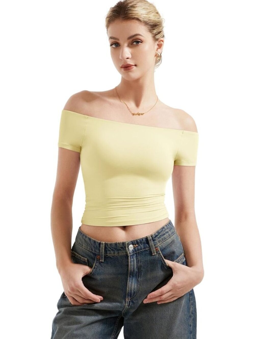 Women's Yellow Off The Shoulder Double Lined Slim Fit Imported Tops Shirts